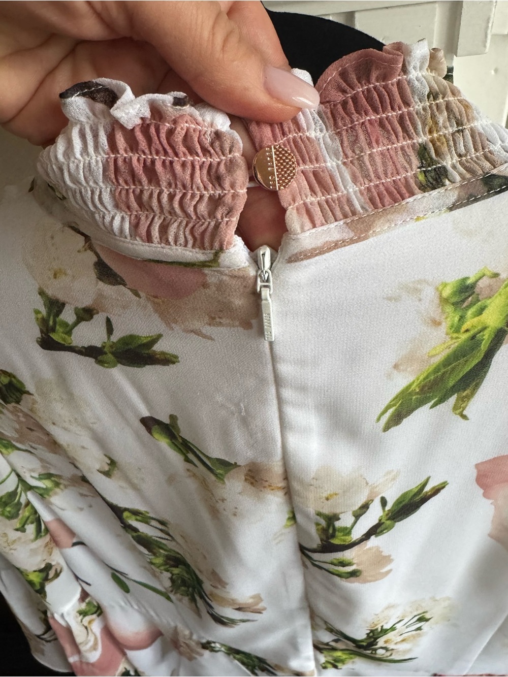 Ted Baker White Floral Tie-Neck Mini Dress with Pink & Green Accents - Picture 4 of 5